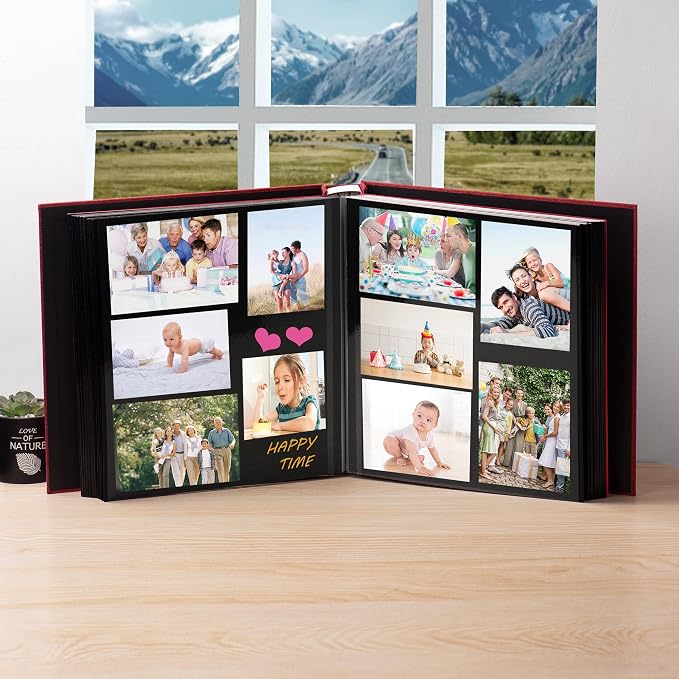 Large Photo Album Self Adhesive 4x6 5x7 3x5 8x10 Scrapbook Magnetic Album DIY Scrap Book Length 13 x Width 12.8 (Inches) 120 Black Sticky Pages Linen Cover DIY Photo Album(Red) - Image 3