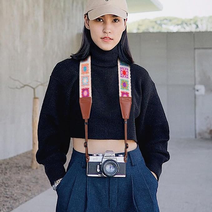 Padwa Lifestyle White Crochet Camera Strap - 2" Full Grain Leather Ends Camera Straps for Photographers, Vintage Embroidered Cotton Soft Suede Fabric Padded Strap with Quick Release fits All Cameras - Image 5