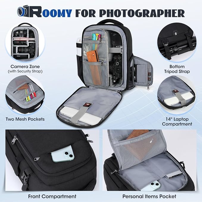 RAINSMORE Camera Backpack Camera Bag for Photographer DSLR SLR Mirrorless Camera Cases with Waterproof Rain Cover & Laptop Compartment Fit 15.6 Inch Laptop,Anti Theft Travel photography backpack,Black - Image 2