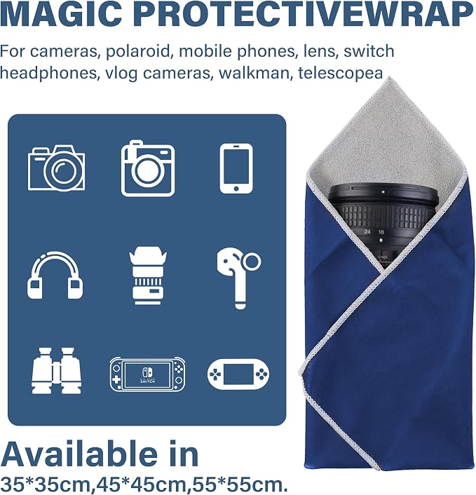 Walking Way Protective Wrap, Self-Adhesive Magic Cloth Camera Wrap, Storage Cloth, Anti-Scratch, Dustproof, Washable Lens Pouch for DSLR, Smartphones, Laptops, Cosmetic (Classic Dark Blue, 13.78 inch) - Image 2