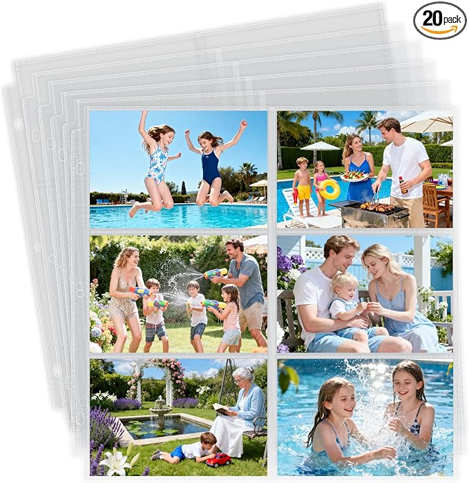 20 Pack 4x6" Photo Album Refill Pages, 12x12, 240 Pockets, Double-Sided, Clear, Water/Dust Proof, 3 Ring Binder Compatible by Zofly