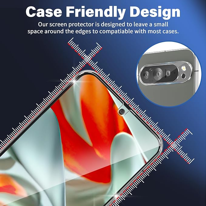 letosan 3 Pack for Google Pixel 9 Pro Screen Protector Tempered Glass + 3 Pack Camera Lens Protector, Military Grade Shatterproof, 9H Hardness, Fingerprint Unlock,Case Friendly 6.3 Inch - Image 4