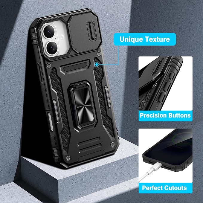 VEGO for iPhone 16 Plus Case with Camera Cover & Privacy Screen Protector | Tempered Glass Screen Protector & Ring Kickstand Military Grade Heavy Duty Protection Cover for iPhone 16 Plus - Black - Image 7