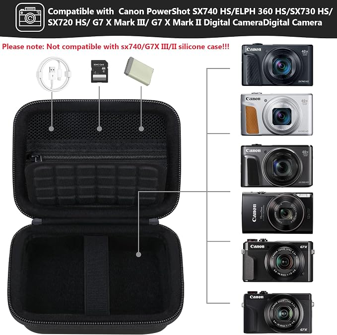 Carrying Case for Canon PowerShot SX740 HS, SX730 HS Camera, Black | SX720 HS, SX620 HS, G7 X Mark III, G7 X Mark II Digital Camera, Storage Holder Travel Bag with Mesh Pocket for Battery Pack - Image 2