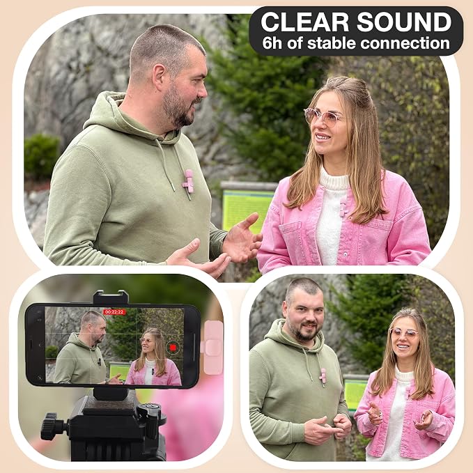 Wireless Lavalier Microphone for iPhone & Android, 2 Pack Pink Mini Mic, USB-C/Lightning Clip-On Microphone, AI Noise Cancellation, 70FT Range for TikTok YouTube Podcast Vlog - Image 5