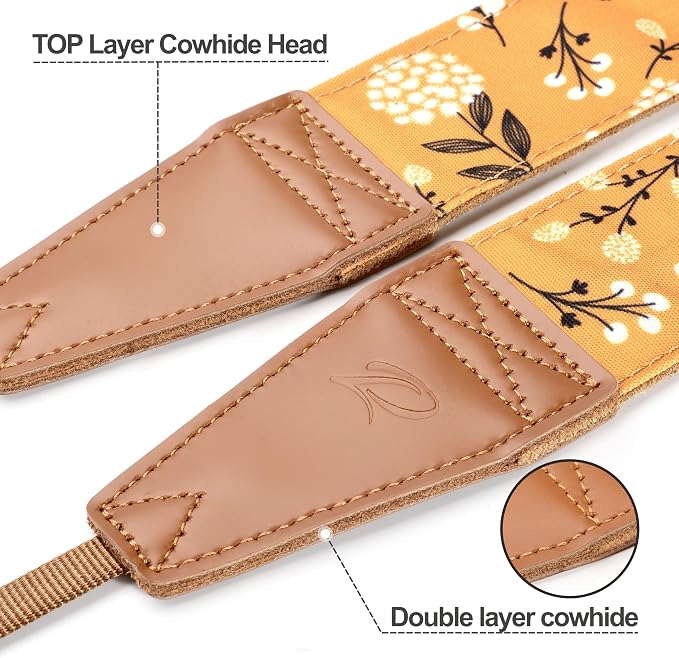 Padwa Lifestyle Camera Strap - 2" Full Grain Leather Ends Camera Straps for Photographers, Vintage Embroidered Cotton Weave Soft Suede Fabric Padded Strap Quick Release fits All Cameras - Image 2