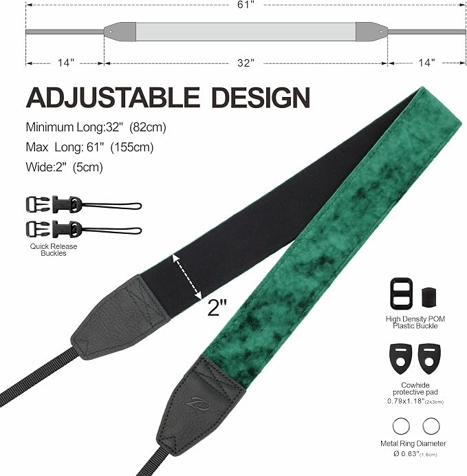 Padwa Lifestyle Green Velvet Camera Strap - 2" Double Layer Full Grain Cowhide Leather Head Camera Straps for Photographers,Unique Soft Velvet Fabric with Quick Release fits all Cameras - Image 6