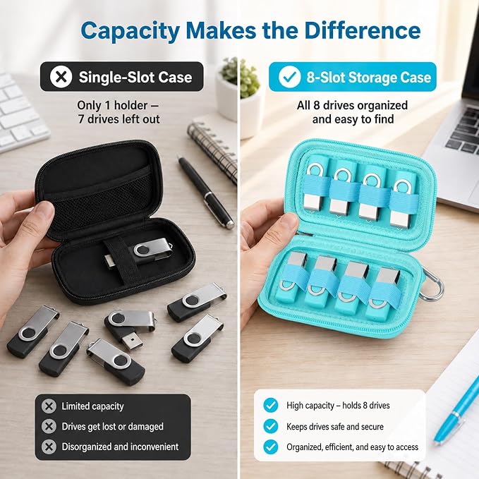 ALKOO Flash Drive Case USB Storage Case, Thumb Drive Holder, Holds 8, Black | Hard Shell, 8 Elastic Slots for USB Drives and SD/Memory Cards, Portable Travel and Office Organizer, Case Only, Black - Image 5