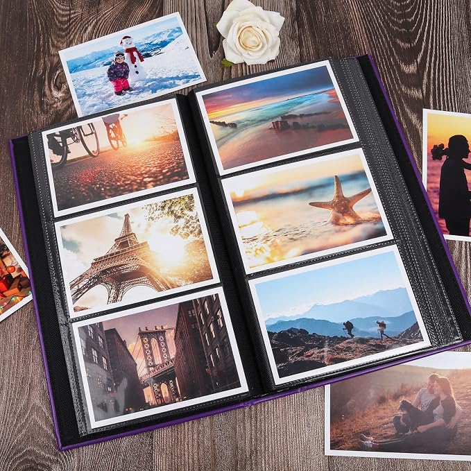 RECUTMS 6x4 Premium Leather Photo Album with 300 Pockets, Purple | Black Inner Page, Horizontal Pockets, Small Album for Family, Birthday Christmas Anniversary Picture Book, DIY Cover Window - Image 5