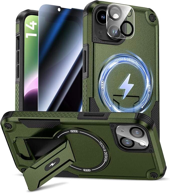 Goton 3 in 1 for iPhone 14 Case with Privacy Screen Protector Green | Glass Camera Lens Protector,Compatible for MagSafe,Invisible Kickstand, Shockproof Phone Cover for iPhone14 by Goton