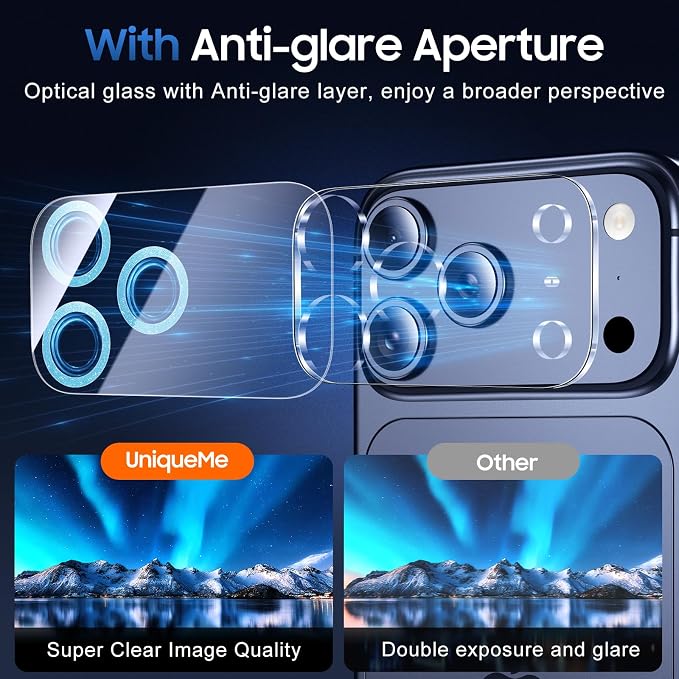 UniqueMe for iPhone 17 Pro Max Camera Lens Protector Glitter Light Blue | 3 Pack,Drop Protection, Case Friendly, 9H Tempered Glass, Camera Cover Screen, Update New Version - Image 4