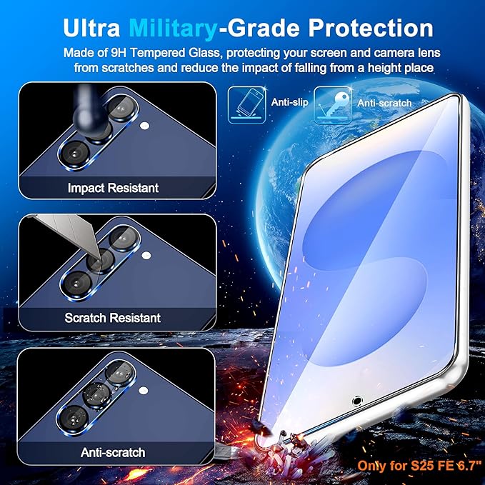 firtstnow 3 Pack for Samsung Galaxy S25 FE Screen Protector Tempered Glass + 3 Pack Camera Lens Protector, Military Grade Shatterproof, 9H Hardness, Fingerprint Unlock, Case Friendly 6.7 Inch - Image 5