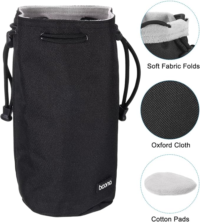 PATIKIL Soft Drawstring Lens Case, Lens Pouch Bag with Cotton Pad 4.7" OD Thick Fleece Cloth Camera Lens Bag for SLR Lens Water Cups, Black - Image 3