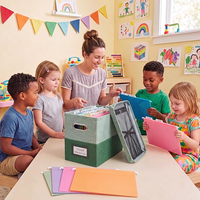 1 Set School Memory Box Organizer, School Keepsake Organizer K-12,Green | with 15 Hanging File Folders, 4 Labels, 3 Sticker, Mesh-Pocket Lid, for Letter/A4, Report Cards, Photos, Awards, File Keeper - Image 5