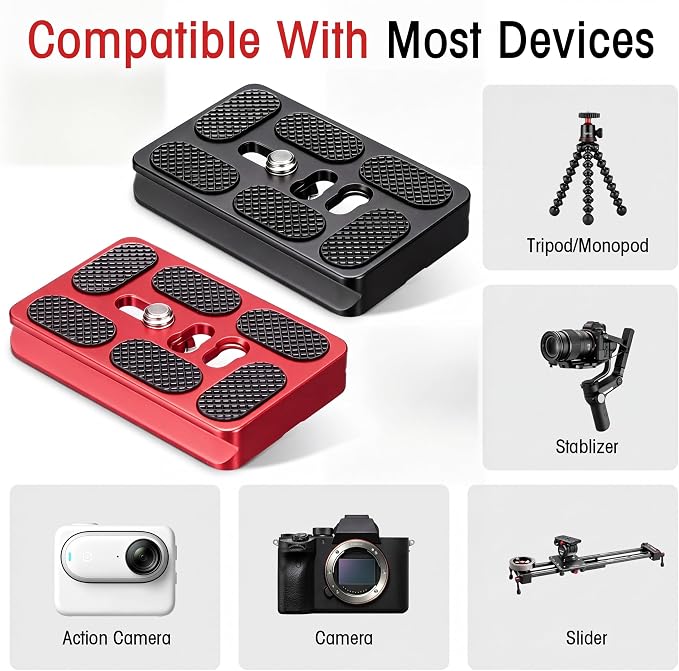 Frienda Quick Release Plate Tripod 1/4-20 DSLR,Pu60,Black and Red | Tripod Mount Plate, Camera Tripod Mount for DSLR Camera Tripod Ball Head , Metal, 1.9 x 1.5 x 0.4 Inch - Image 5