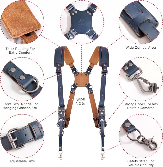 Padwa Lifestyle Dual Camera Harness Strap for Two-Cameras - Dual Shoulder Full Grain Leather Harness,Multi Double Camera Gear for DSLR/SLR Strap,Double Camera Harness for Photographers,Blue - Image 2