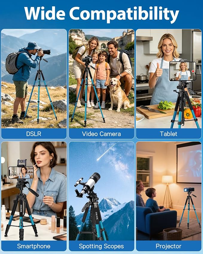 75" Heavy Duty Camera Tripod Stand - Max Load 15LB, Aluminum Travel Tripod for DSLR/Phone/Tablet/Projector, 3-Way Pan Head & Quick Release Plate, Compact Foldable Design (Blue) - Image 2