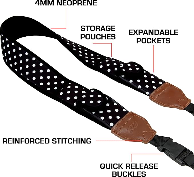 USA Gear TrueSHOT Camera Strap Neoprene Camera Straps - Padded Neck Strap, Pockets, and Quick Release Buckles - Compatible with Canon, Nikon, Sony and More DSLR and Mirrorless Cameras (Polka Dot) - Image 4