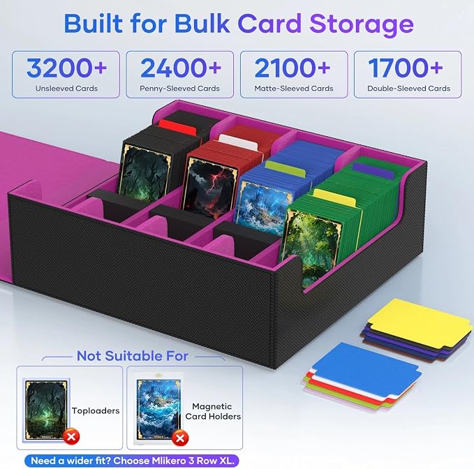 Mlikero Trading Card Storage Box, Bulk Card Storage for 2400+ Sleeved Cards, PU Leather Magnetic Closure Card Organizer with 10 Dividers & 4 Foam Stoppers, Fit for MTG, TCG and Sports Cards (Purple) - Image 3