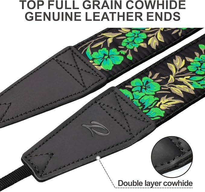Padwa Lifestyle Green Rose Camera Strap - 2" Full Grain Leather Ends Camera Straps for Photographers, Vintage Embroidered Cotton Soft Suede Fabric Padded Strap Quick Release fits All Cameras - Image 2
