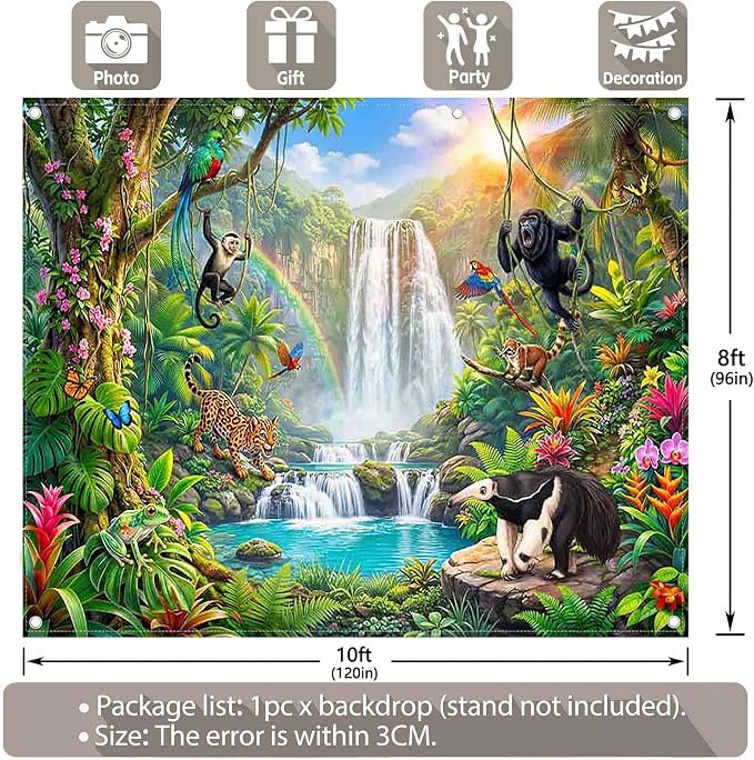 Fabric 10X8ft Rainforest Wild Animals Backdrop Jungle Safari Banner | Summer Tropical Scenery Waterfall Photography Background, School Event Party Decorations, Classroom Photo Props, Polyester - Image 3