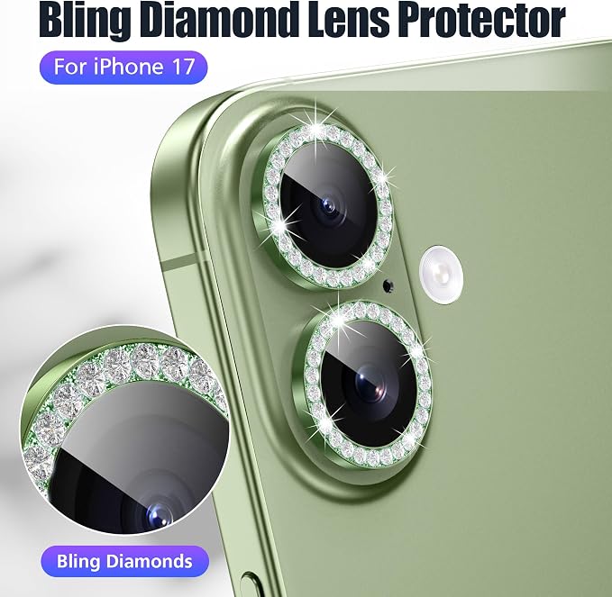 AGVEE 3+3 6 Pack for iPhone 17 Camera Lens Protector Cover | Individual Bling Diamond & Bling Glitter Sparkle Cute Gem Metal Ring, 9H Tempered HD Glass - Image 4