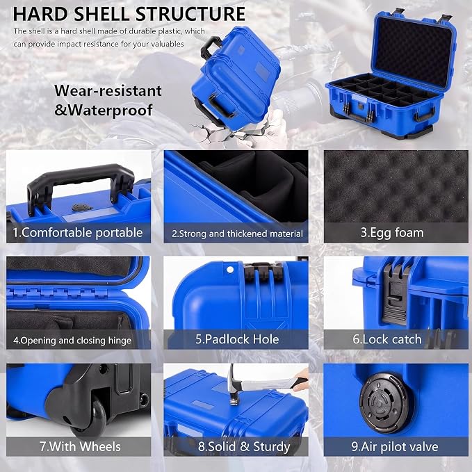 Relaxweex Rolling Camera Hard Case with Padded Dividers & Wheels, Impact-resistant Hard Shell Travel Case for Cameras, Lenses & Accessories(22 x 14 x 9 Inch,Blue) - Image 3