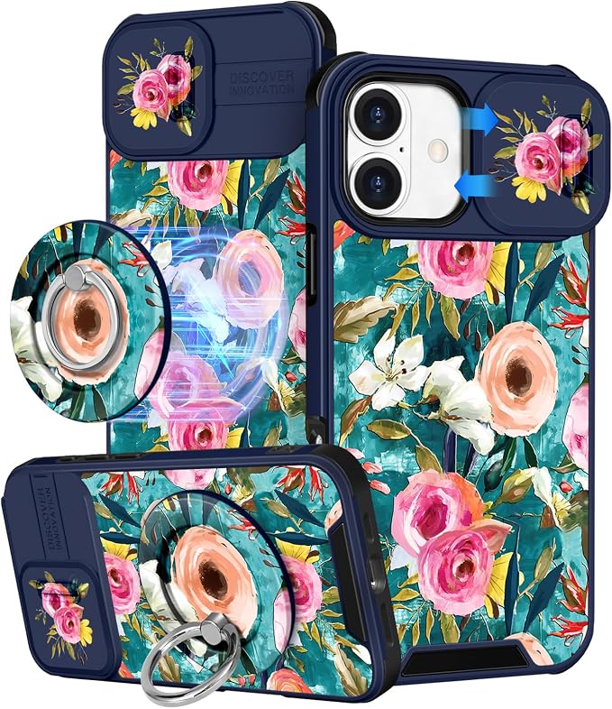 Buleens for iPhone 16 Case 6.1 Inch - with Ring Stand & Camera Cover Aesthetic Cute Designed for Women Girls Girly Pretty Unique Kawaii Flowers Phone Case for iPhone 16 Compatible with Magsafe by Buleens