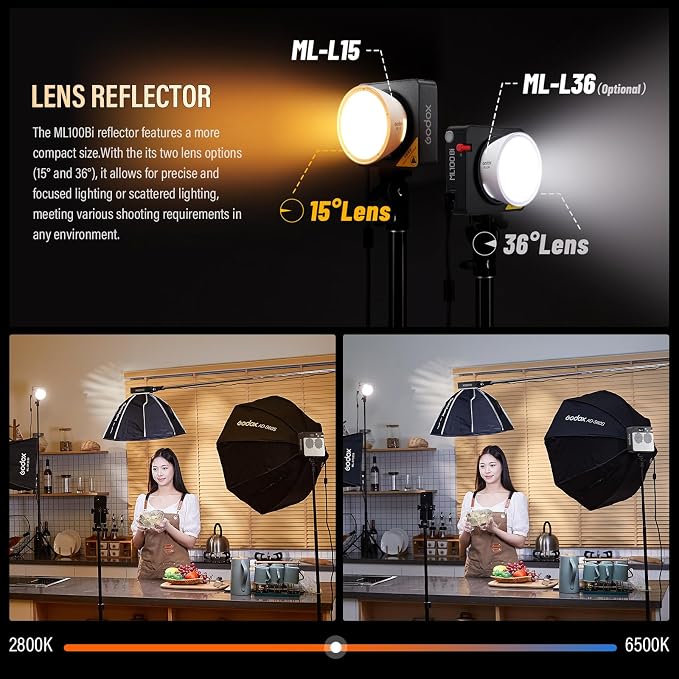 Godox ML100Bi 120W LED Video Light 34300 Lux 2800K-6500K | ML100 Bi Color Portable COB LED Video Light CRI 96+/TLCI 97+ 11 FX Effects for Filming Live Streaming Studio Photography - Image 2