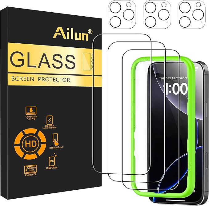 Ailun Screen Protector + Camera Lens Protector for iPhone 16 Pro, 3+3 Pack | 6.3 inch, Installation Frame, Case Friendly, Tempered Glass Film, Not for iPhone 16e/16/16 Plus/Pro Max by Ailun