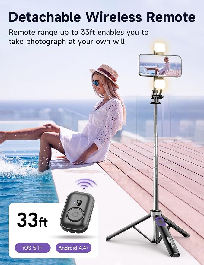 53'' Selfie Stick Tripod with Light, Extendable Selfie Stick with Remote, Portable Cell Phone Tripod Stand with All in 1 Phone Clip, Lightweight Camera Tripod Compatible with iPhone 17 16 15, Android - Image 4