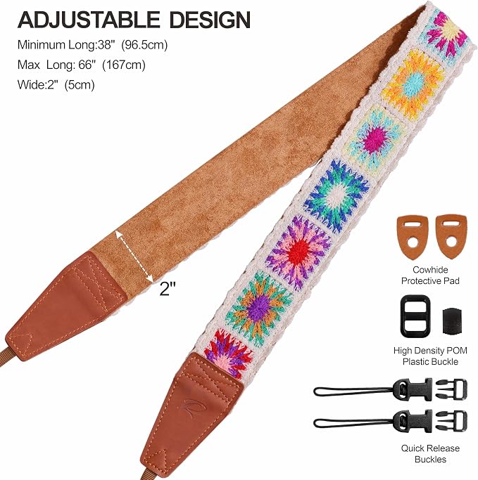 Padwa Lifestyle White Crochet Camera Strap - 2" Full Grain Leather Ends Camera Straps for Photographers, Vintage Embroidered Cotton Soft Suede Fabric Padded Strap with Quick Release fits All Cameras - Image 6