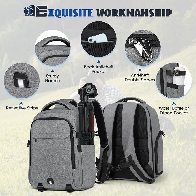 Camera Backpack Camera Bag for Photographers DSLR SLR Mirrorless Camera Cases with Waterproof Rain Cover & Laptop Compartment Fits 14 Inch Laptop,Anti Theft Travel photography backpack,Grey - Image 8