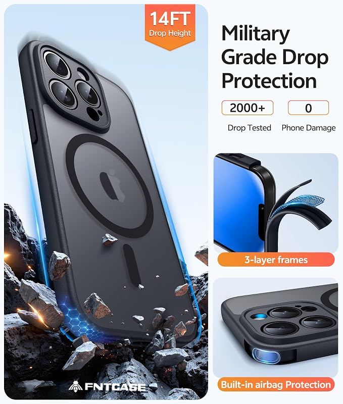 FNTCASE for iPhone 13 Pro Case, Fit for Magsafe, Screen Protector Black | Full Camera Protection, Translucent Matte, 14FT Military Grade Drop Proof, Shockproof Protective Phone Cover, Black - Image 5