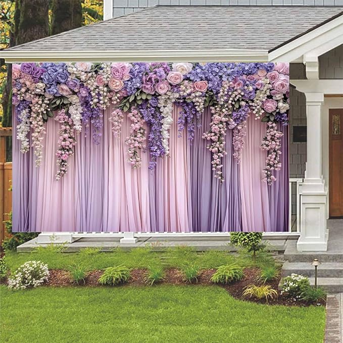 5x3ft Purple Flower Wedding Photography Backdrop Lavender Floral Wedding Bridal Photography Backdrop Anniversary Birthday Baby Shower Girl Party Banner Photo Booth Props Background Wall Decor - Image 3