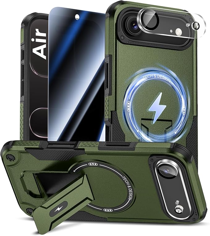 Goton 3 in 1 for iPhone Air Case with Privacy Screen Protector Green | Glass Camera Lens Protector,Compatible for MagSafe,Invisible Kickstand, Shockproof Phone Cover for iPhone 17air by Goton