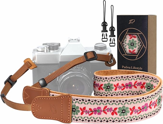 Padwa Lifestyle Embroidered Floral Camera Strap - 1.5" Crazy Horse Cowhide Ends Camera Straps for Photographers, Cute Cotton Weave Soft Suede Fabric Padded Strap fits All Cameras for Adults & Kids by PadwaLifestyleCameraStrap