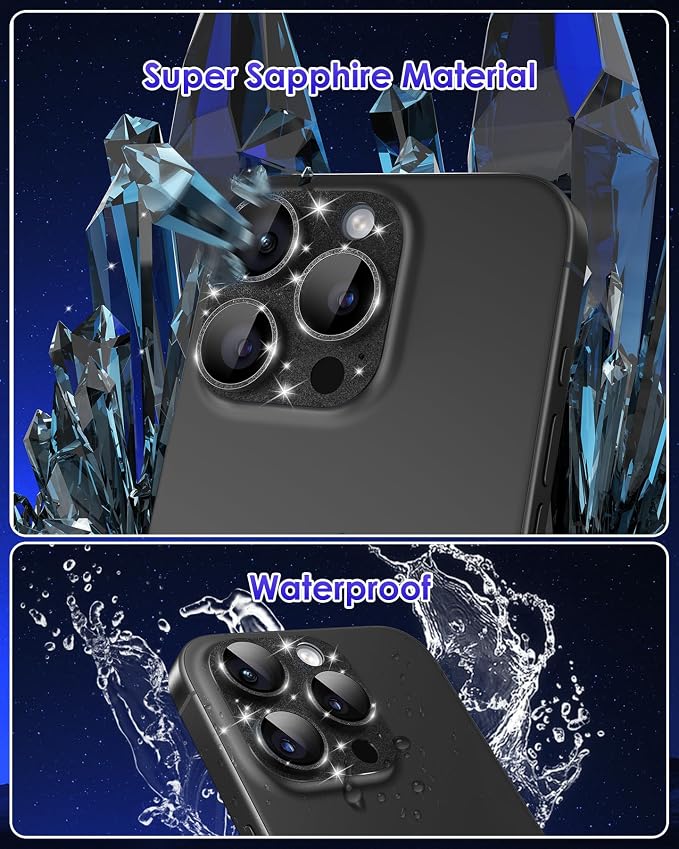 Compatible for iPhone 15 Pro/iPhone 15 Pro Max Camera Lens Protector Glitter Plus 9H Tempered Glass Screen Camera Cover Titanium Glitter Black - Image 3
