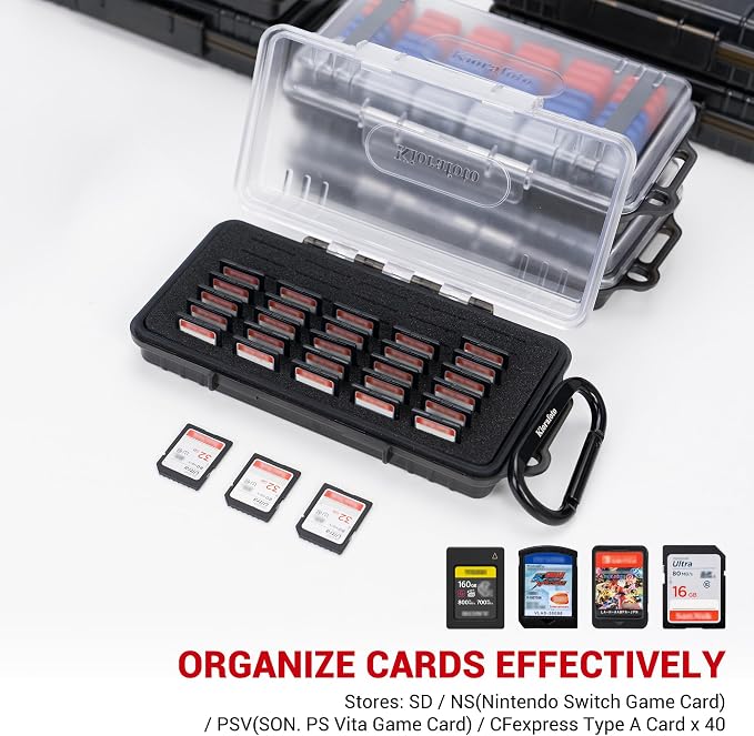 Kiorafoto Waterproof SD Card Holder with 40 Slots - Transparent | Large Capacity,Water-Resistant Memory Card Case,for 40 SD SDHC SDXC Cfexpress Type A PSV PS Vita,w Card Labels & Carabiner - Image 2