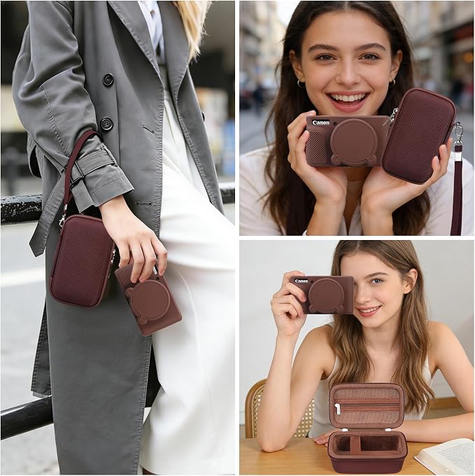 BOVKE Hard Case + Silicone Cover for Canon PowerShot SX740 HS Camera, Brown | SX740 SX730 Digital Camera Shockproof EVA Storage Bag & Soft Silicone Protective Case with Removable Lens Cover, Wrist Strap - Image 7