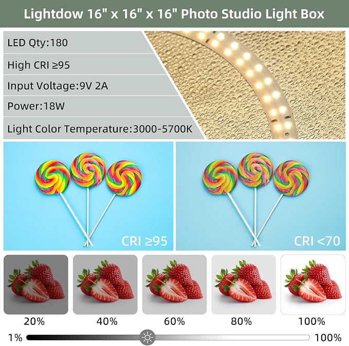 Lightdow 16"x16"x16" Photo Studio Light Box Photography with Type-C Plug/Cable & 180 LEDs(CRI>95), 6 Backdrops-Portable/Dimmable/Folding Shooting Tents for Toys/Jewelry/Watches/Cosmetics - Image 4