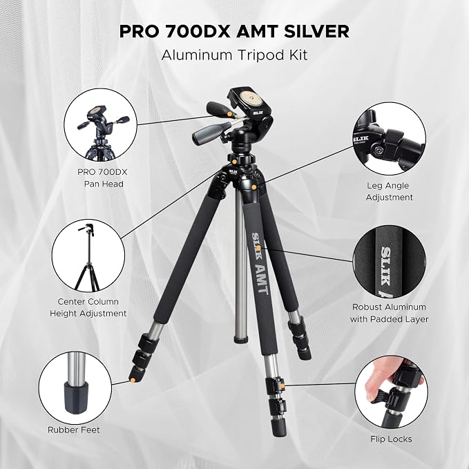 SLIK Pro 700 DX Tripod with 700DX 3-Way, Pan-and-Tilt Head - Titanium - Image 2