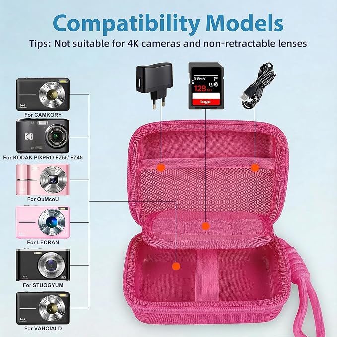 Digital Camera Case for CAMKORY/KODAK PIXPRO FZ45/FZ55/Canon IXUS 285 HS/AbergBest/Sony DSCW800/DSCW830 - Small Travel Compact Camera Holder with Mesh Pocket for SD Card & Accessories (Fuchsia) - Image 3
