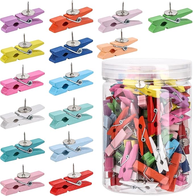 100Pcs Push Pin with Wooden Clips Tacks for Cork Board Artwork for Bulletin Board Crafts Arts Projects Photo Supplies(Colorful) by acDesign