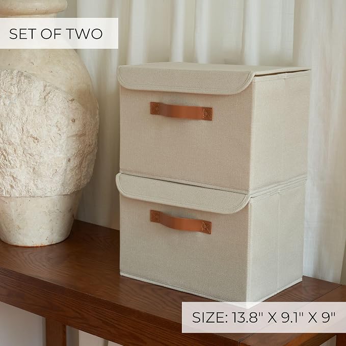 Decorative Linen Storage Boxes with Lids - Large Set of 2 Organizer Bins | The Perfect Container for Home Decor - Safely Store Photos, Documents and Memory Box Keepsakes in Style - Image 6