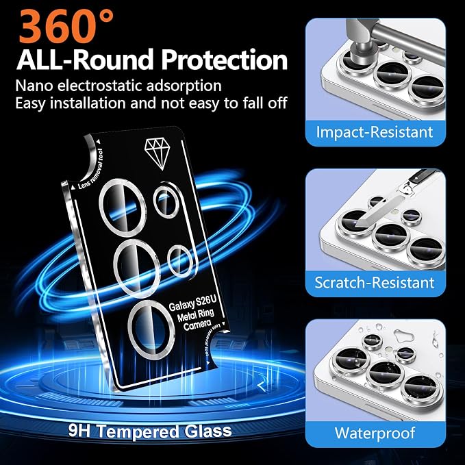 for Samsung Galaxy S26 Ultra Camera Lens Protector, Individual Metal Ring Tempered Glass Lens Cover, [Strong Adsorption] Scratch Resistant Ultra-Thin HD Clear Lens Cover, 1 Set-Gray - Image 2