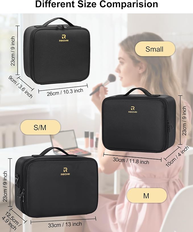 Relavel Makeup Bag Large Cosmetic Bag Travel Train Case Toiletry Bag for Women with Adjustable Dividers, Travel Essentials Organizer Case Storage Box for Skincare, Brushes, Black - Image 4