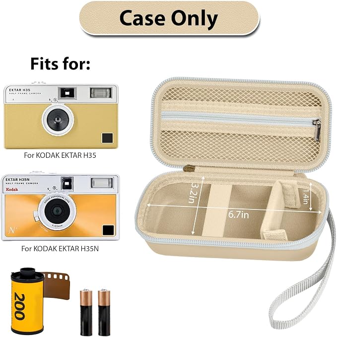 Film Camera Case for Kodak EKTAR H35 H35N Half Frame Film Camera | Camera and 35mm Film Rolls Storage, Mesh Pocket for Small Accessories, Travel and Home Organization; Slim, Beige, Case Only - Image 2