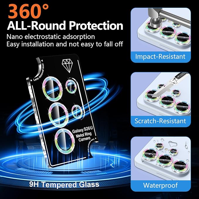 for Samsung Galaxy S26 Ultra Camera Lens Protector, Individual Metal Ring Tempered Glass Lens Cover, [Strong Adsorption] Scratch Resistant Ultra-Thin HD Clear Lens Cover,1 SetColorful Sparkly - Image 2