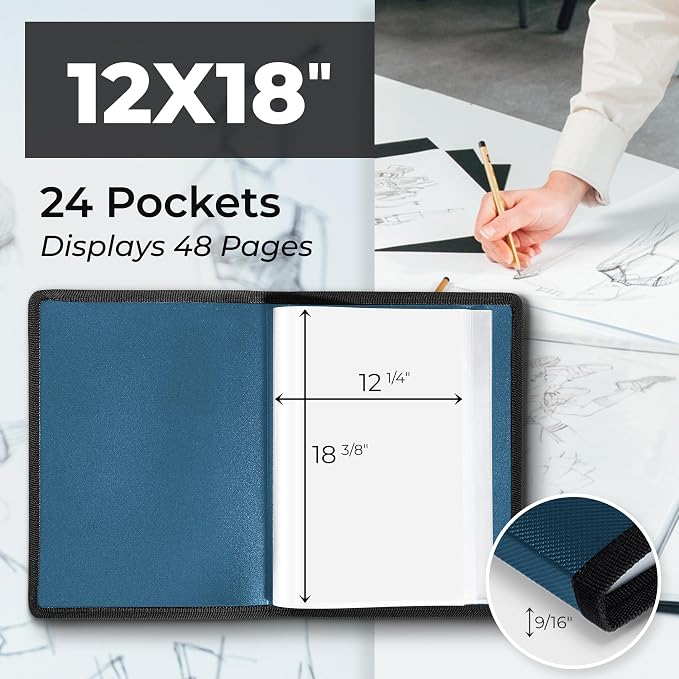 Dunwell 12x18 Art Portfolio Binder, 24-Sleeve, Black Mounting Paper, Blue | 24 Clear Sleeves, Displays 48 Pages, Black Mounting Paper Included, Artwork Storage, Acid-Free Poly Protection - Image 2